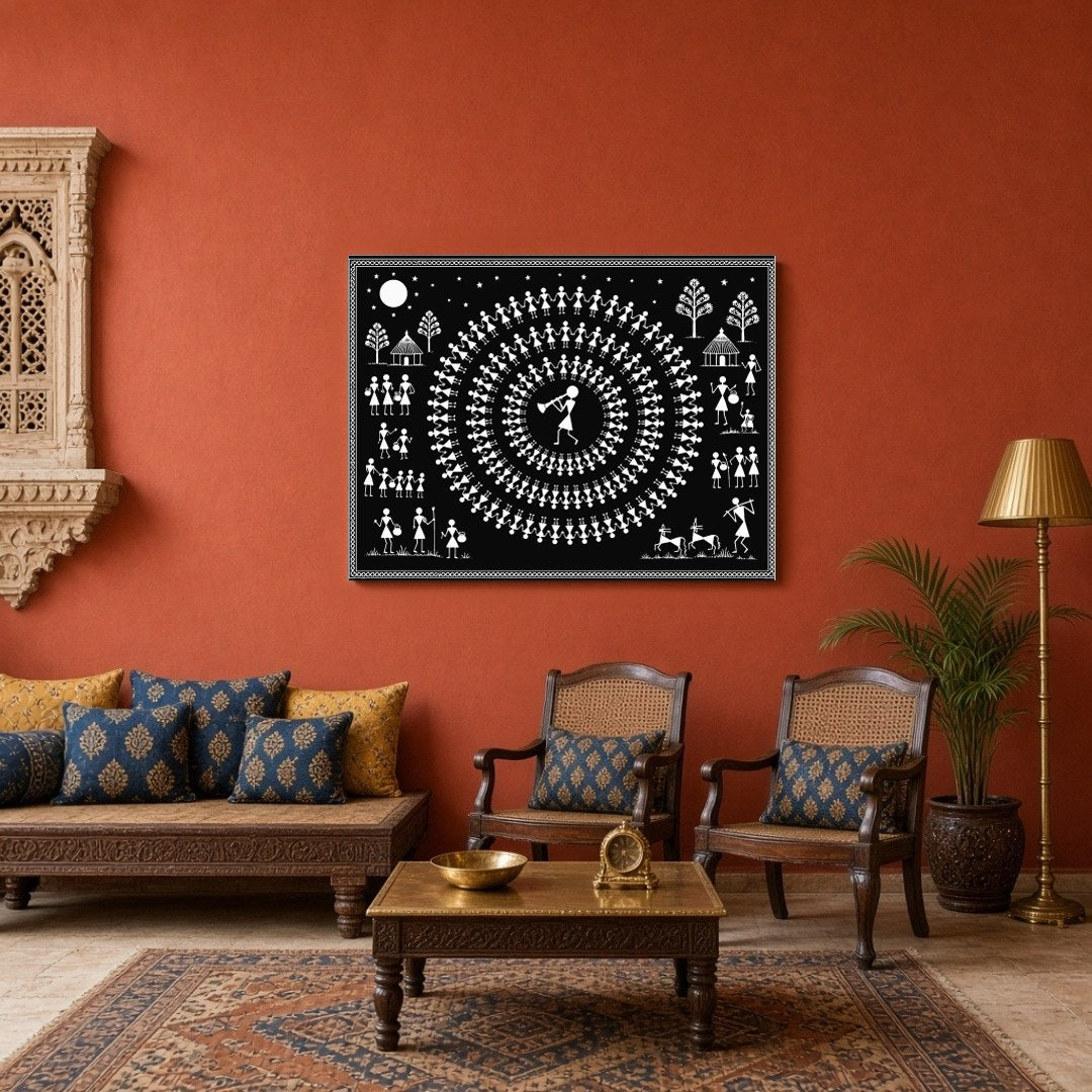Experience the enchanting rhythm of village life with this captivating Warli art print. Featuring a for Sitting Area