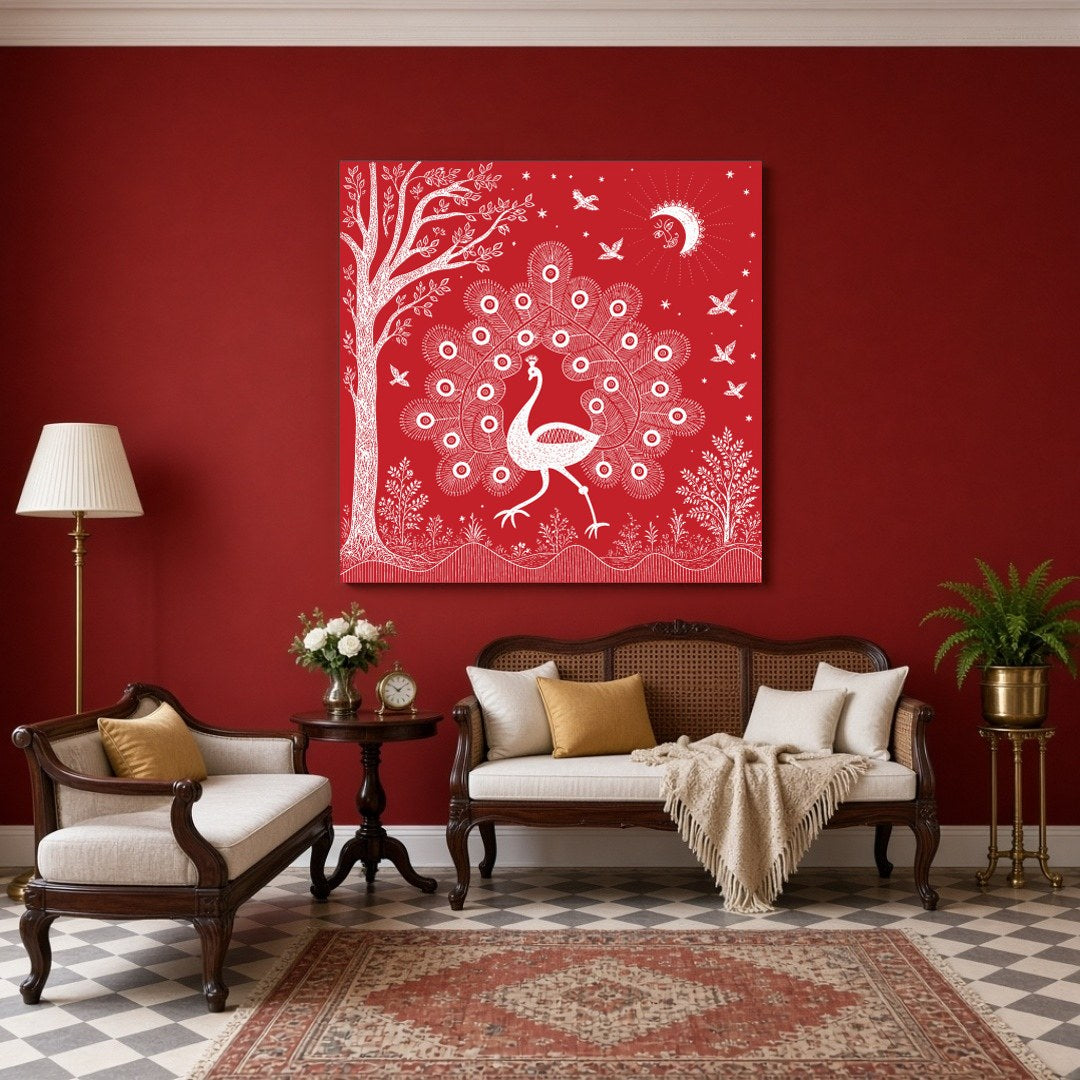 Embrace the rhythmic harmony of nature with this captivating Warli art print, featuring a majestic for Sitting Area