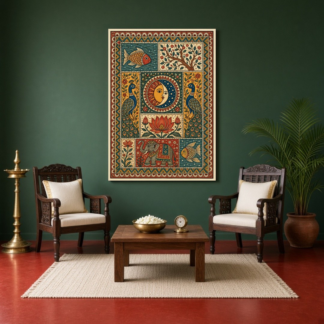 Embrace the cosmic balance with an exquisite Madhubani art piece depicting the unity of the sun and for Sitting Area