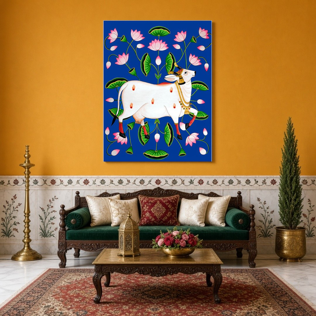 Experience the divine presence with this exquisite Pichwai artwork, featuring the revered Kamdhenu for Sitting Area