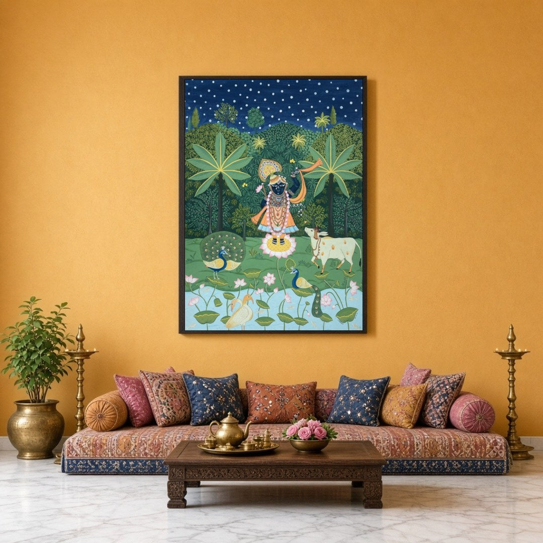 Immerse in the divine charm of this celestial Pichwai artwork featuring Lord Krishna serenading for Sitting Lounge