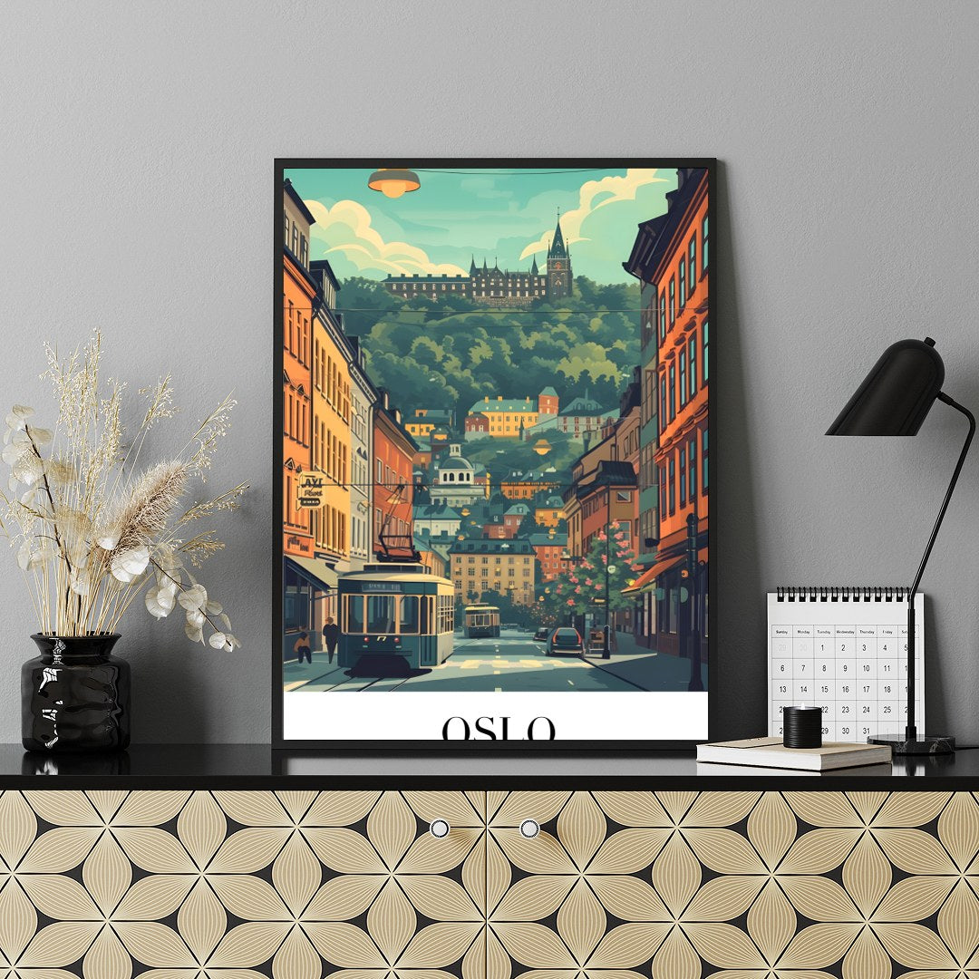 Capture the essence of Oslo with this vibrant street scene, featuring a quaint tram navigating for Shelf