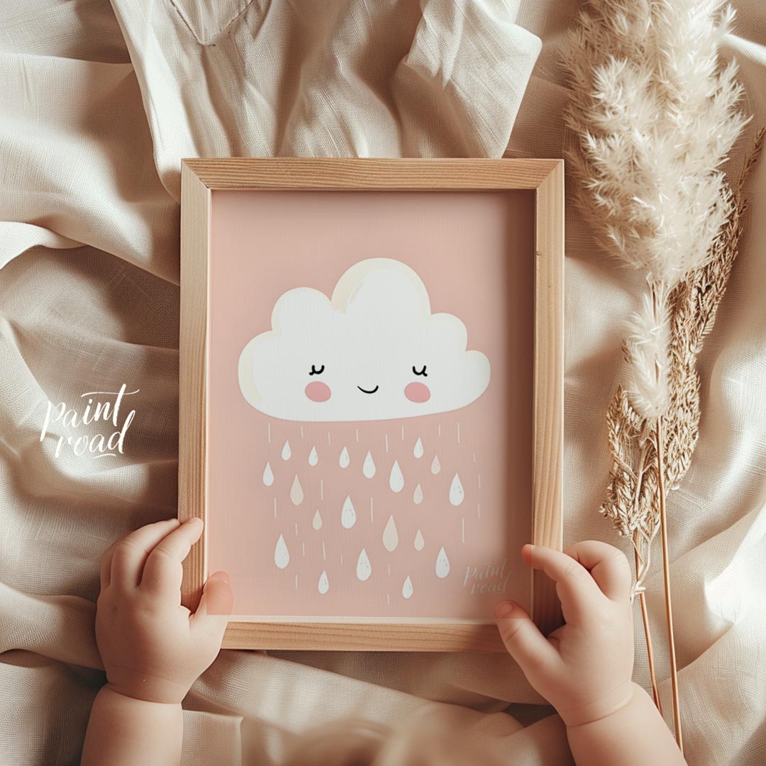 A sweet and simple illustration features a friendly, white cloud character with rosy cheeks and a g… for nursery