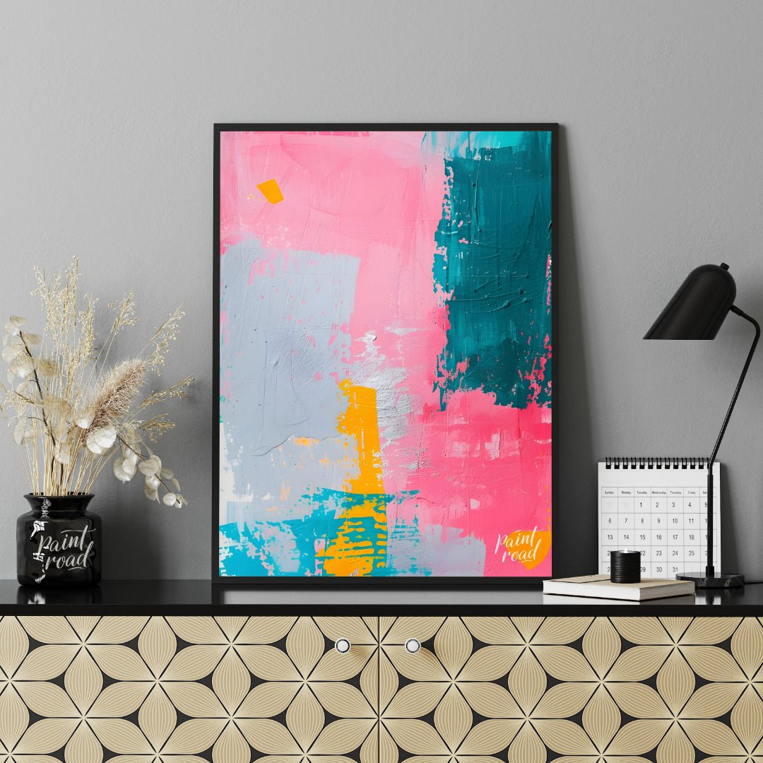 This vibrant abstract digital painting features a dynamic interplay of bold colors, including pink,… for office