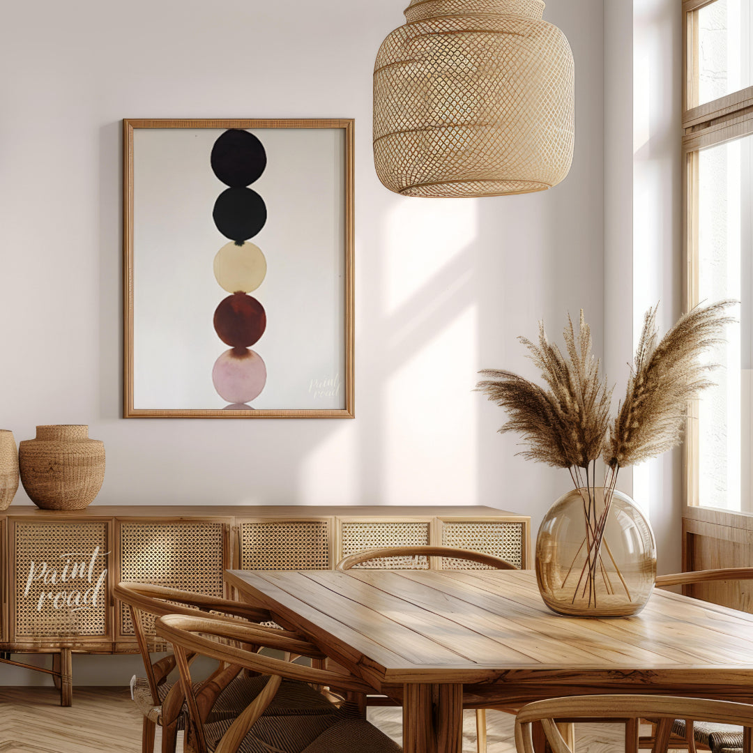 """Chromatic Column"" presents a minimalist composition featuring a vertical stack of colored circl… for dining room