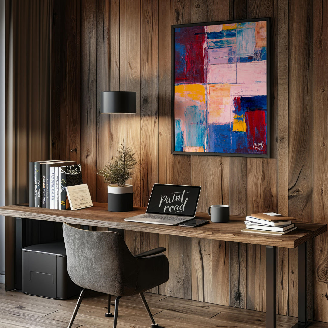 This abstract painting features a vibrant grid-like composition, filled with a rich tapestry of col… for office