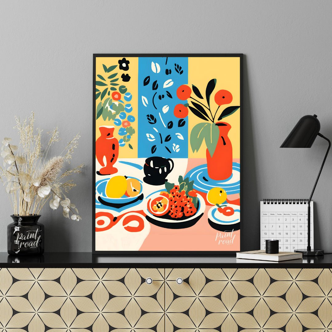This vibrant digital illustration depicts a still life scene with an array of objects, including va… for office