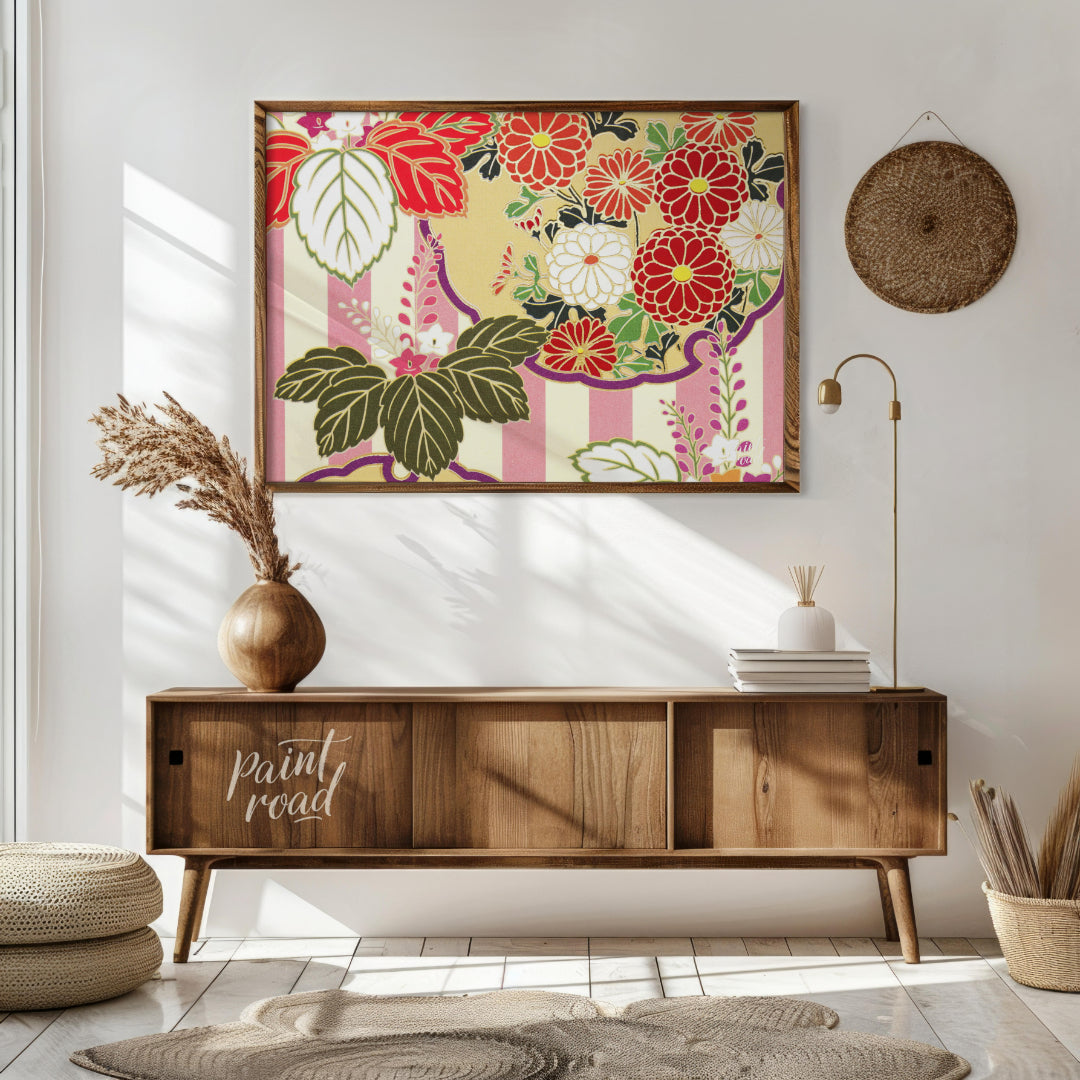 This artwork presents a detailed, stylized pattern reminiscent of traditional Japanese kimono desig… for living room