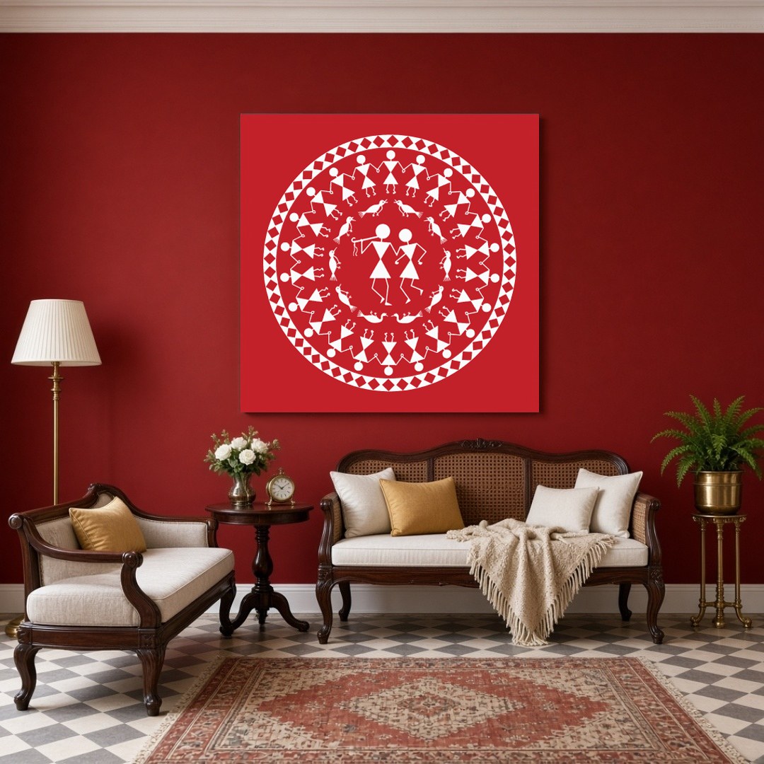 Immerse yourself in the rhythmic harmony of this Warli art piece, where figures encircle in a dance for Sitting Area