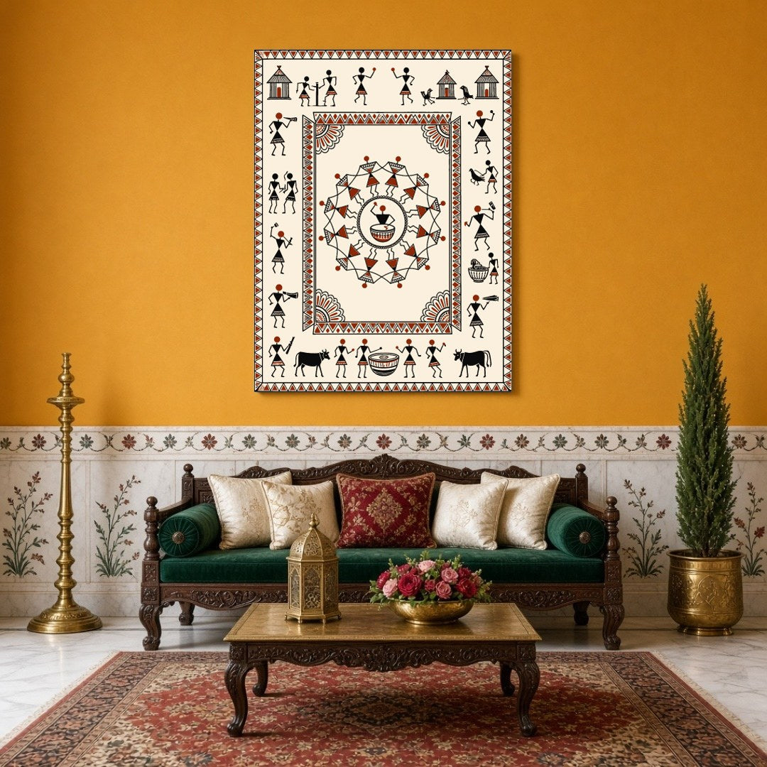 Immerse yourself in the rhythmic elegance of this Warli Village Dance Mandala, where traditional for Sitting Area