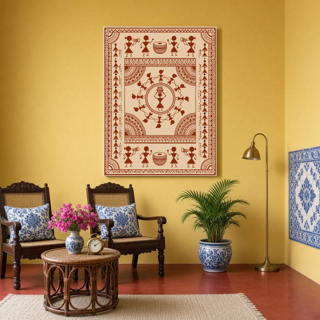 Immerse yourself in the vibrant energy of traditional Warli Art with this captivating piece. for Sitting Area