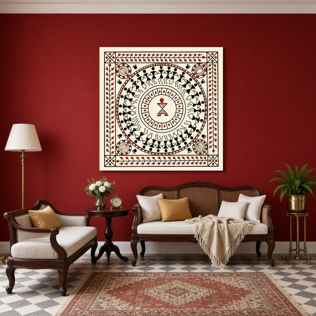 Immerse in the vibrant celebration of life with this Warli Mandala Art Print. The circular dance for Sitting Area