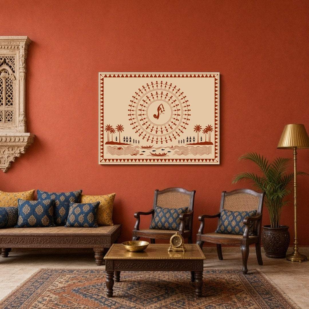 Immerse yourself in the vibrant rhythms of village life with this captivating Warli art print. for Sitting Area