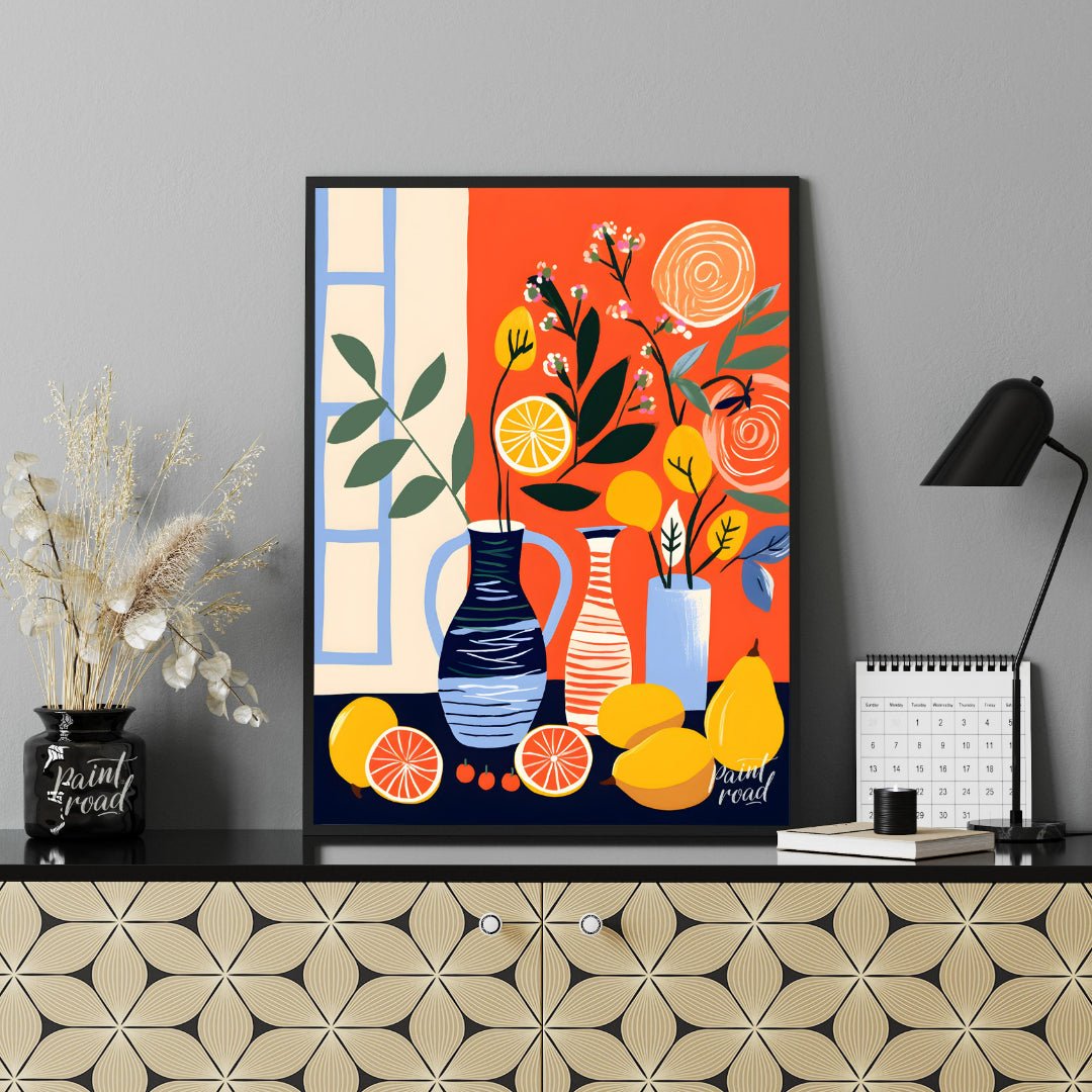 This vibrant digital illustration depicts a still life scene with citrus fruits, flowers, and vases… for office