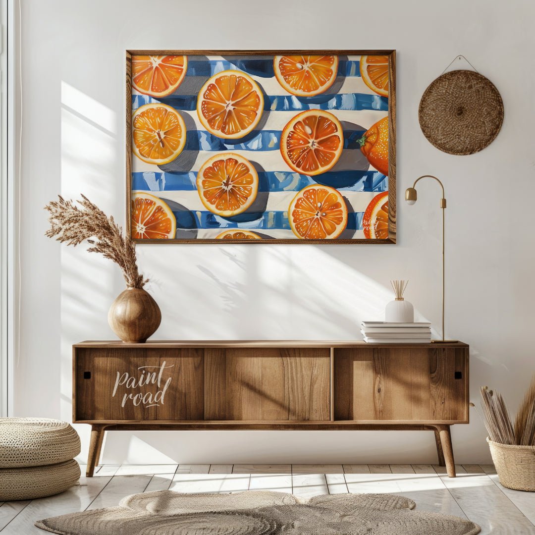 This beautiful painting captures the vibrant energy of fresh oranges in a bold, graphic style. Slic… for living room