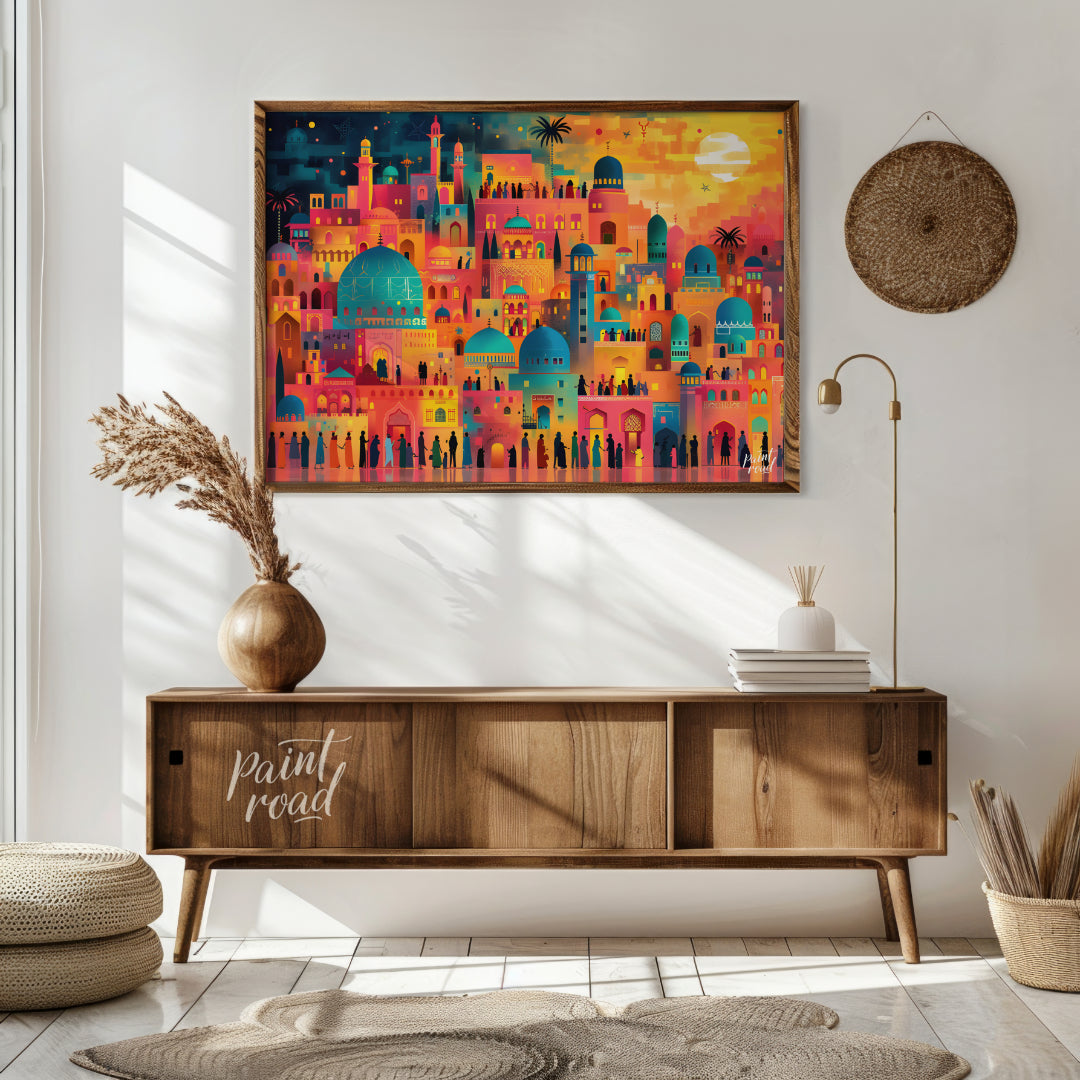 This vibrant art depicts a vibrant, fantastical cityscape teeming with life and illuminated by a da… for living room