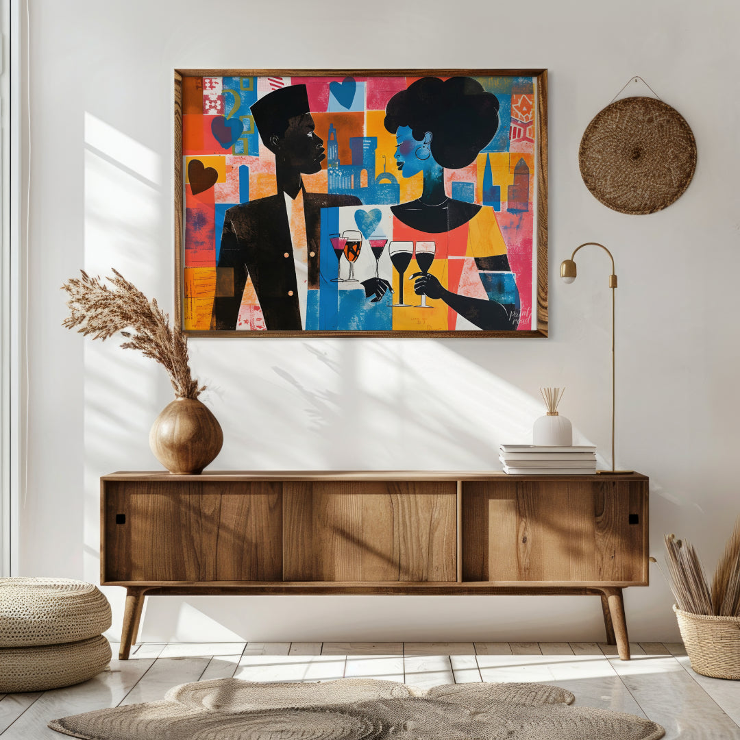 A vibrant and dynamic artwork depicting a couple enjoying a romantic evening in a bustling city. Th… for living room