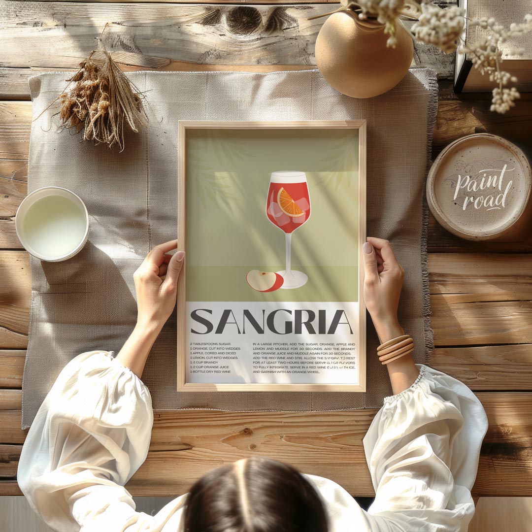 This elegant and inviting poster showcases a vibrant illustration of a glass of Sangria, complete w… for dining room