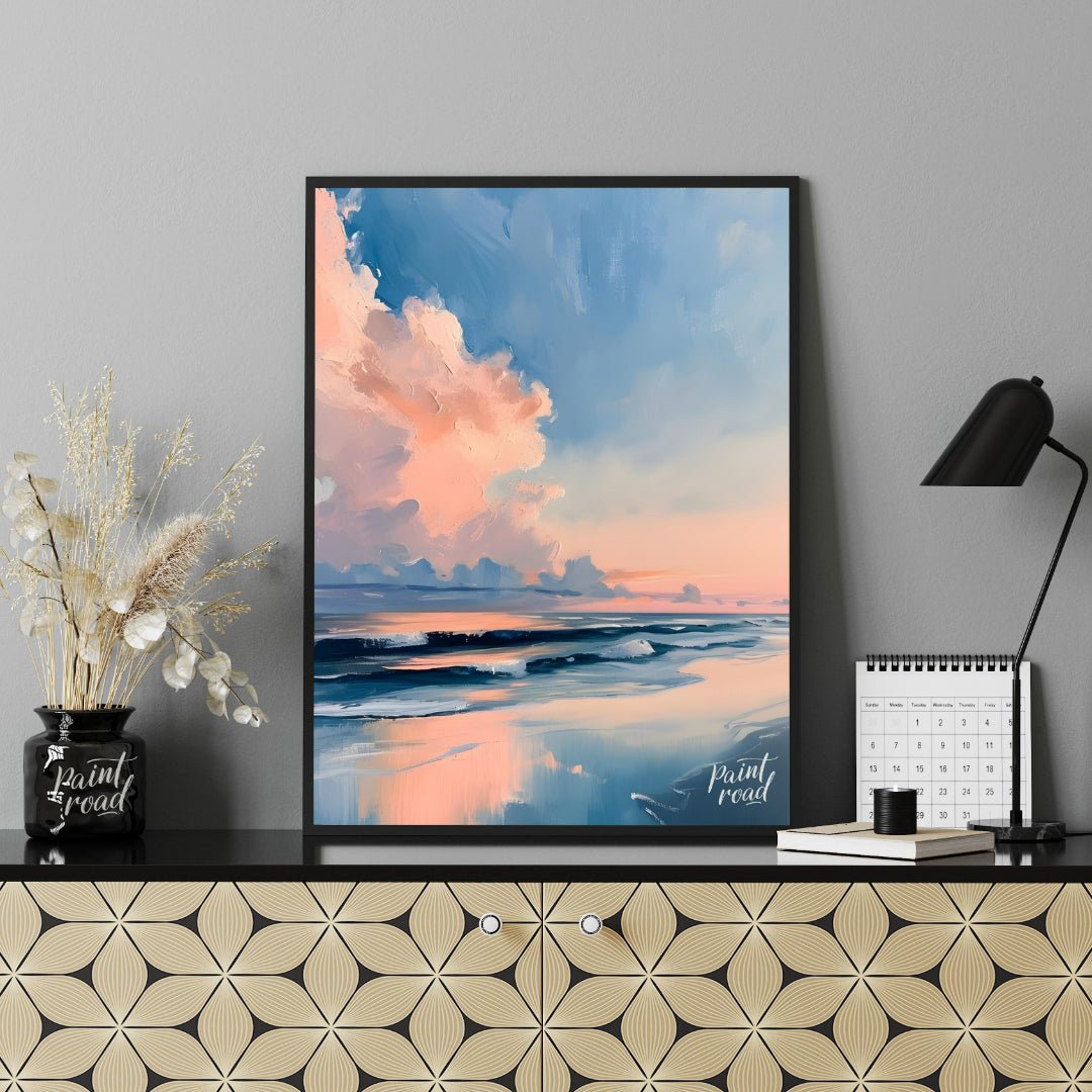 "Coastal Glow" presents a serene seascape painting, capturing a tranquil beach scene at dusk or daw… for office