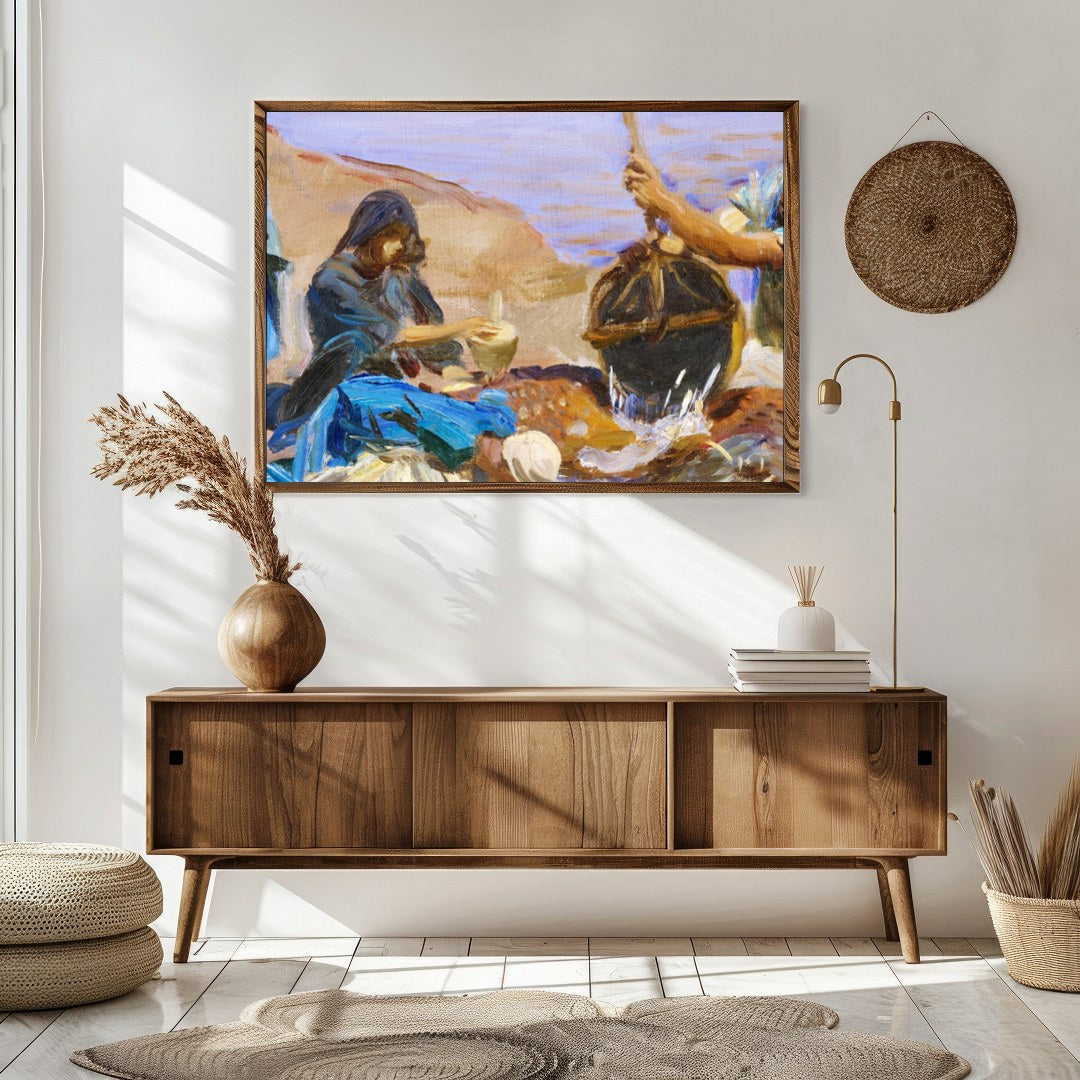 This captivating artwork captures a serene morning scene at the water's edge, portraying a group for Sitting Area