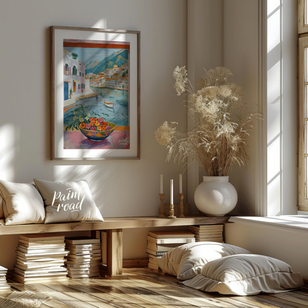 This painting captures a vibrant coastal scene viewed through an open window, framing a picturesque… for living room