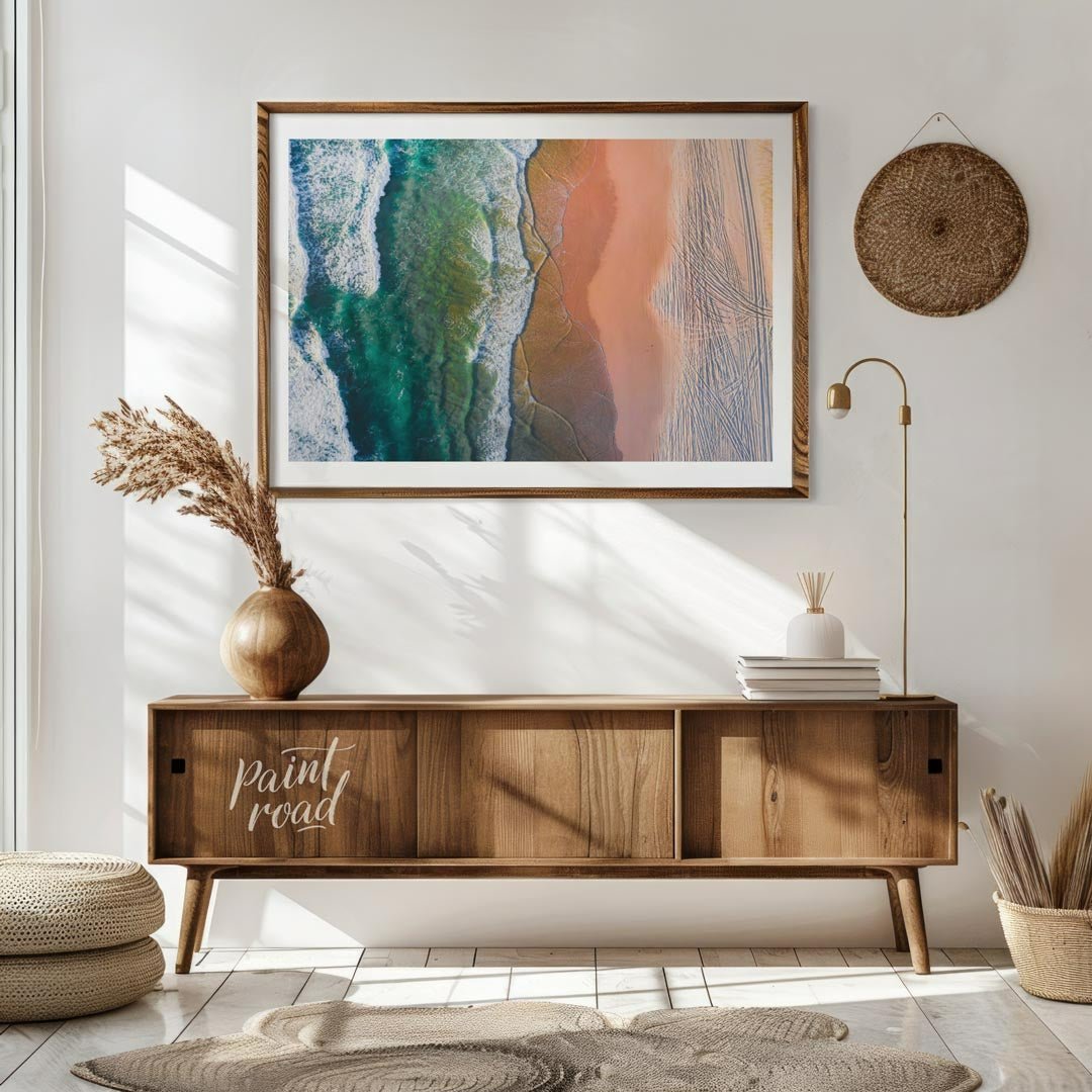 “Coastal Vista” offers a breathtaking aerial perspective of a vibrant beach scene, showcasing the s… for living room