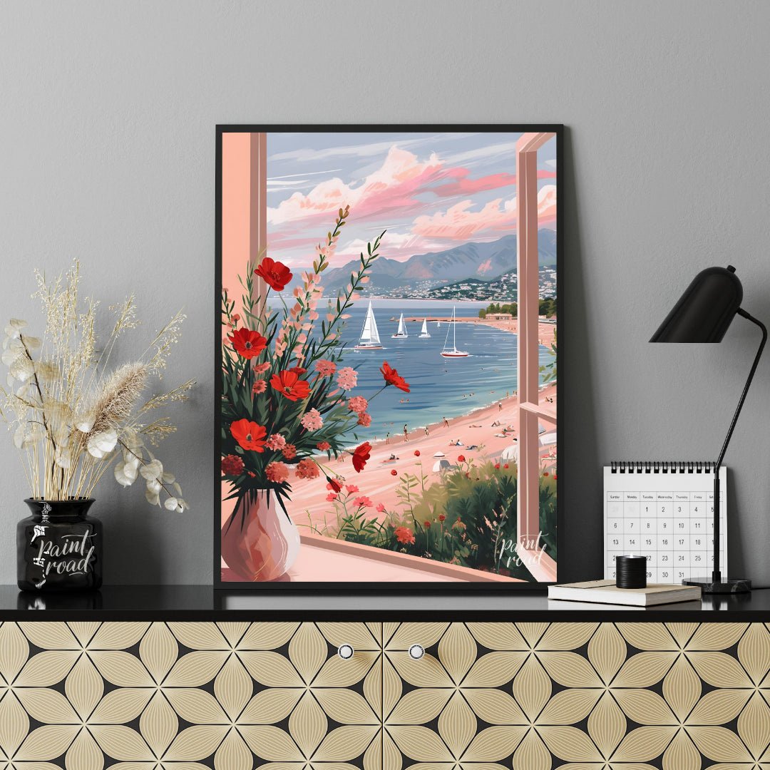 This artwork captures a serene coastal scene viewed through an open window, framing a picturesque l… for living room