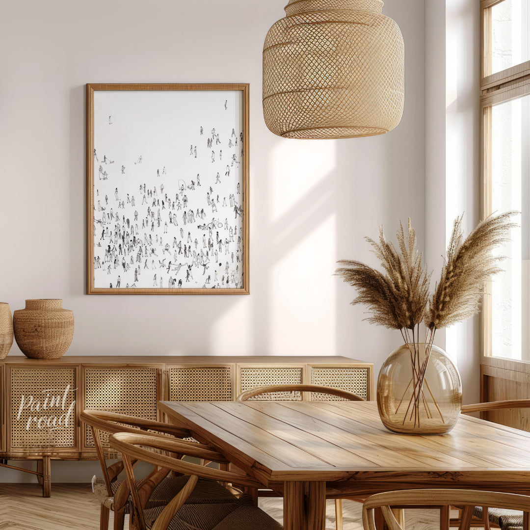 """Collective Motion"" presents a dynamic composition of numerous small figures rendered in black i… for dining room
