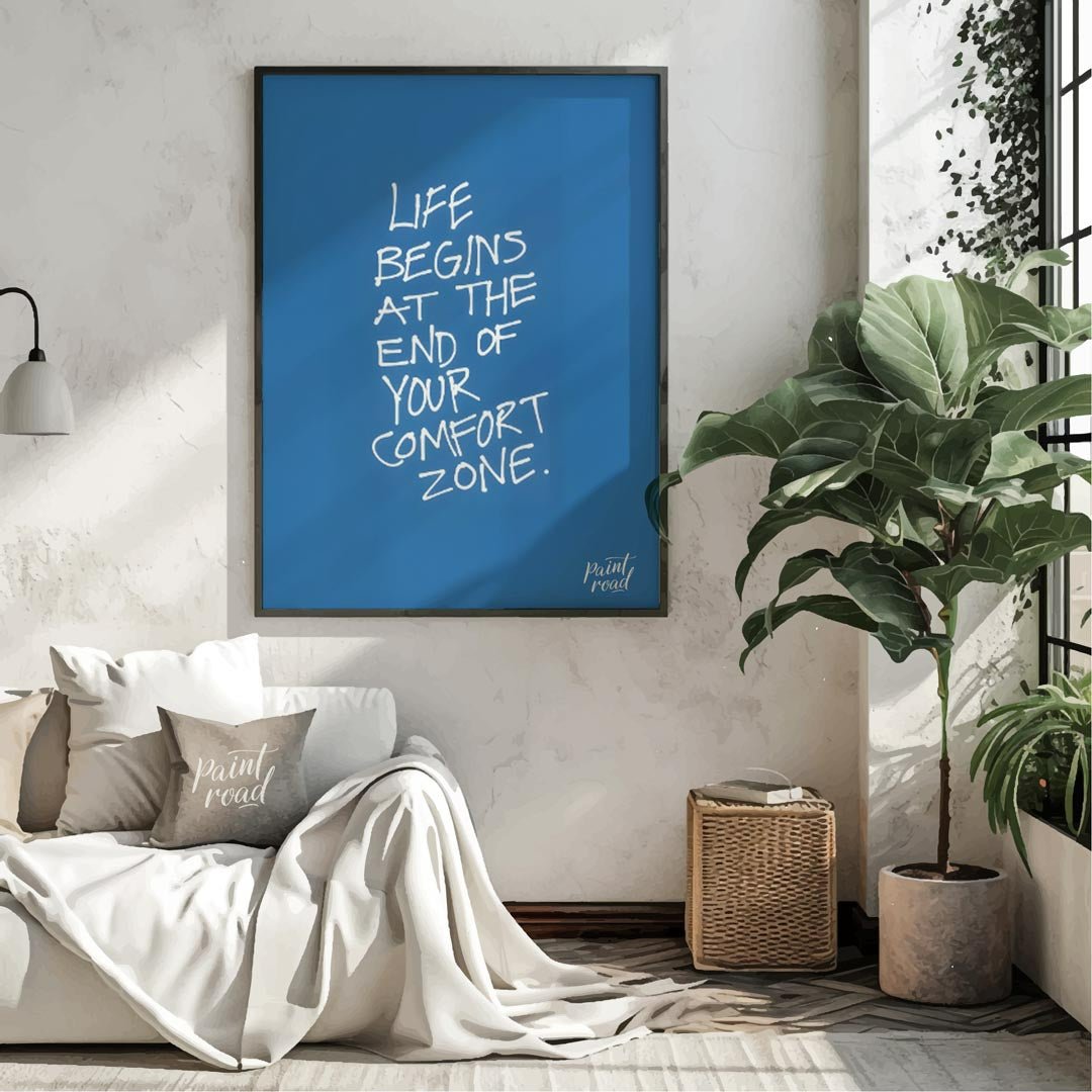 Comfort Zone Quote Painting available online at Paintroad showing blue calm and challenge