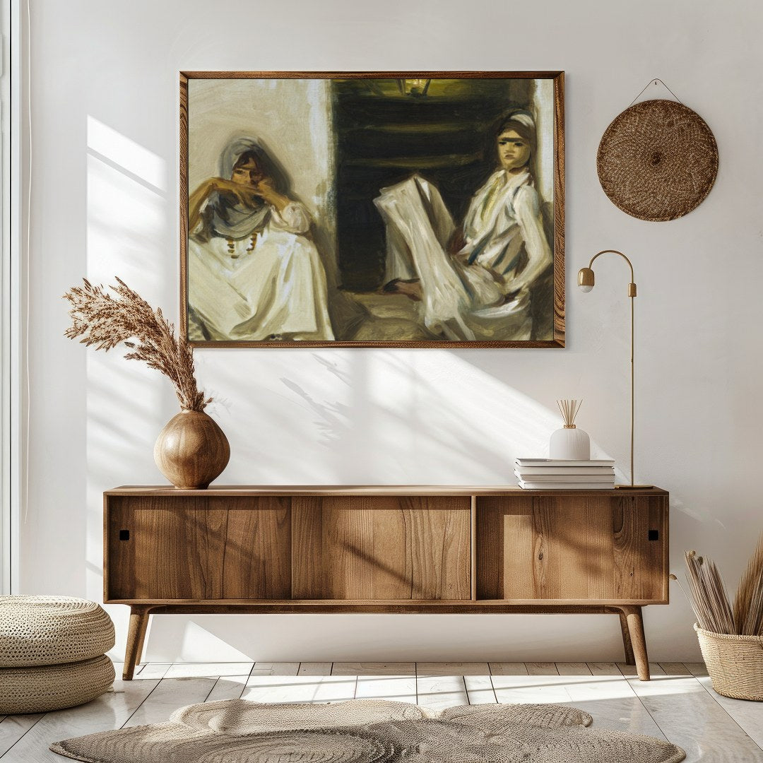 Experience a moment of serenity with this evocative artwork featuring two figures in traditional for Sitting Area