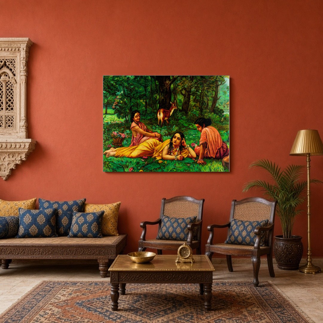 This elegant artwork captures Shakuntala in a moment of introspection, surrounded by the lush for Sitting Area