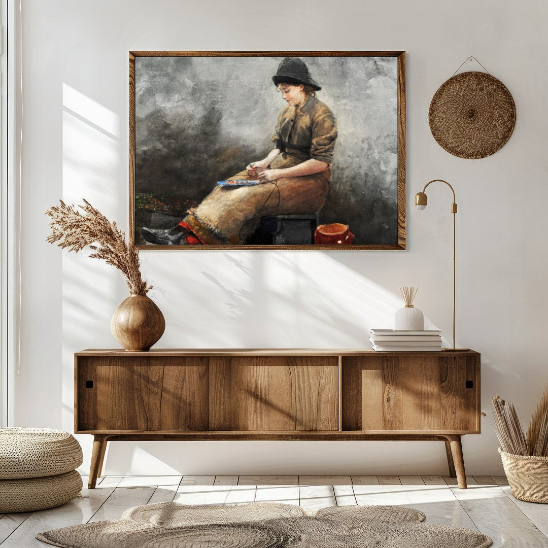 This evocative artwork captures a young artist deep in thought, seated in a rustic setting. The for Sitting Area