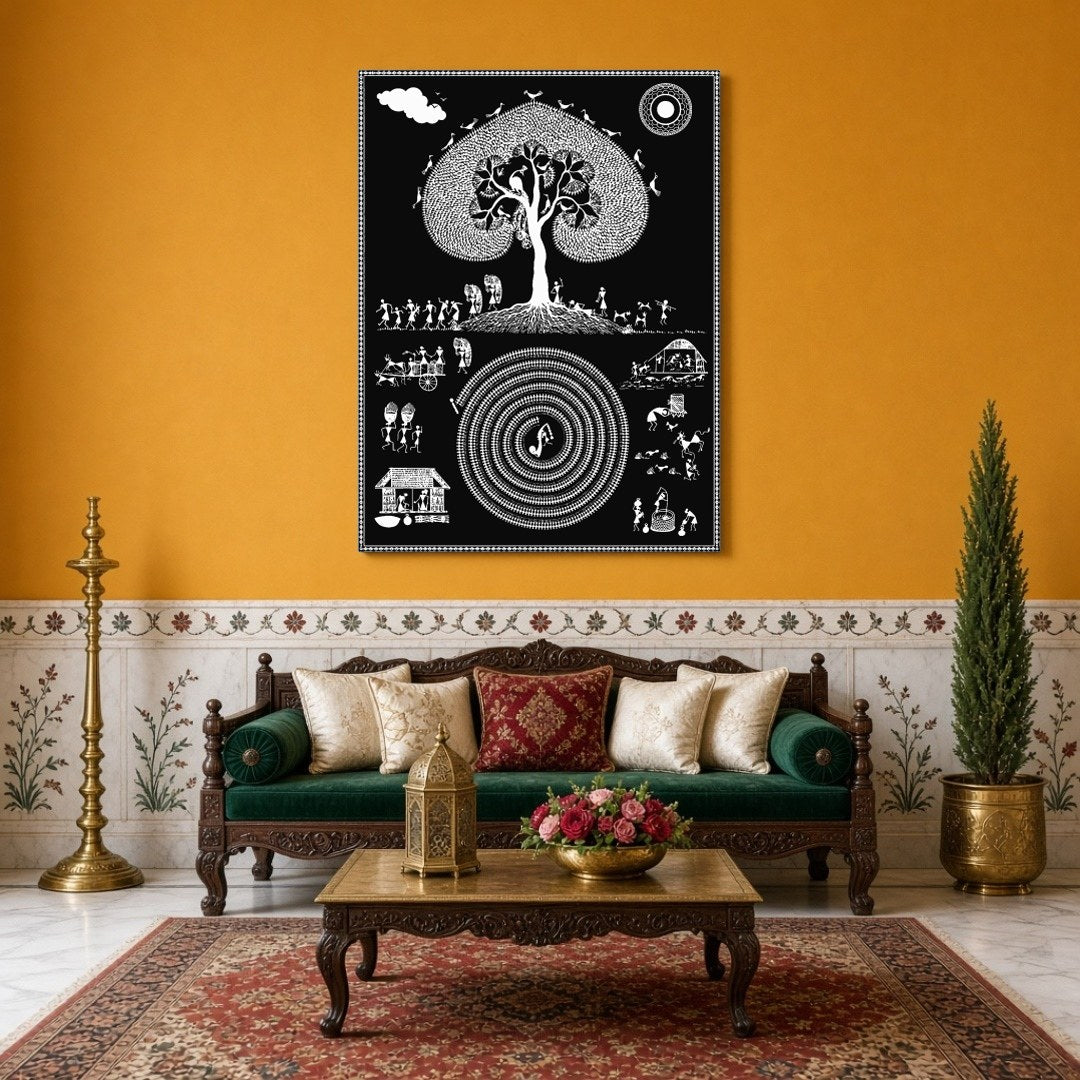 Dive into the intricate world of Warli art with this cosmic depiction of a village life swirling for Sitting Area