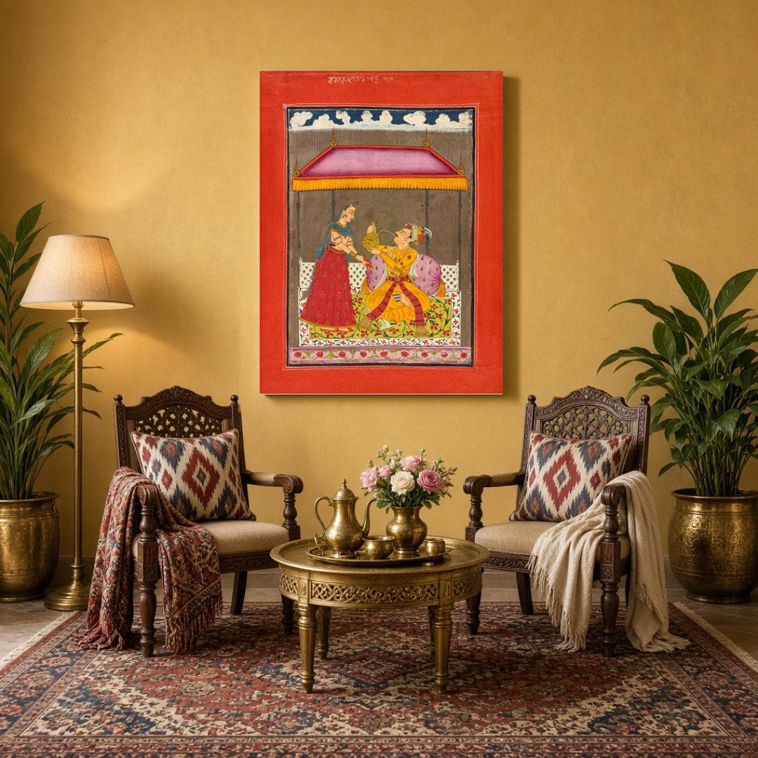 This exquisite Indo-Mughal miniature captures a regal couple beneath a richly adorned canopy, set for Sitting Area