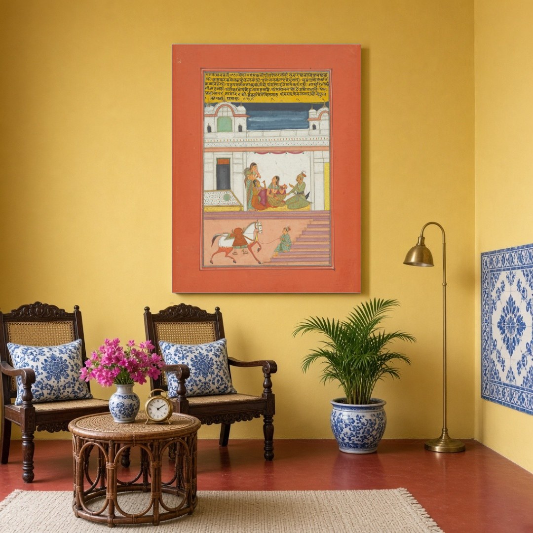 Immerse yourself in a scene of refinement with this enchanting Ragamala artwork, portraying a for Sitting Area