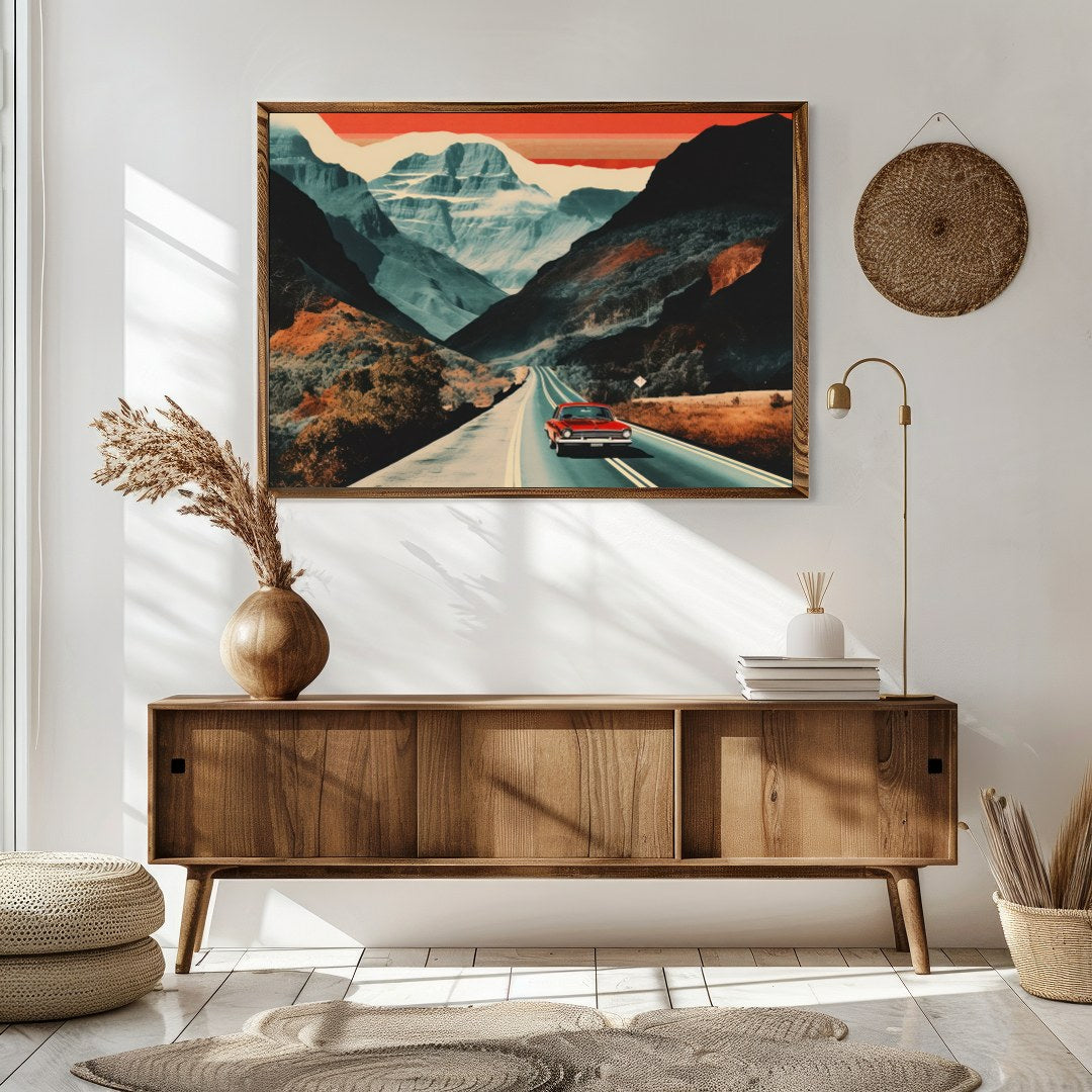 Capture the essence of adventure with this striking landscape painting, showcasing a classic car for Sitting Area