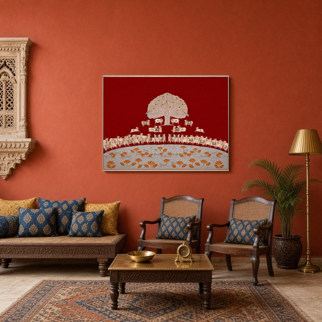 Immerse yourself in the rich tapestry of this crimson Pichwai art piece featuring the revered Tree for Sitting Area