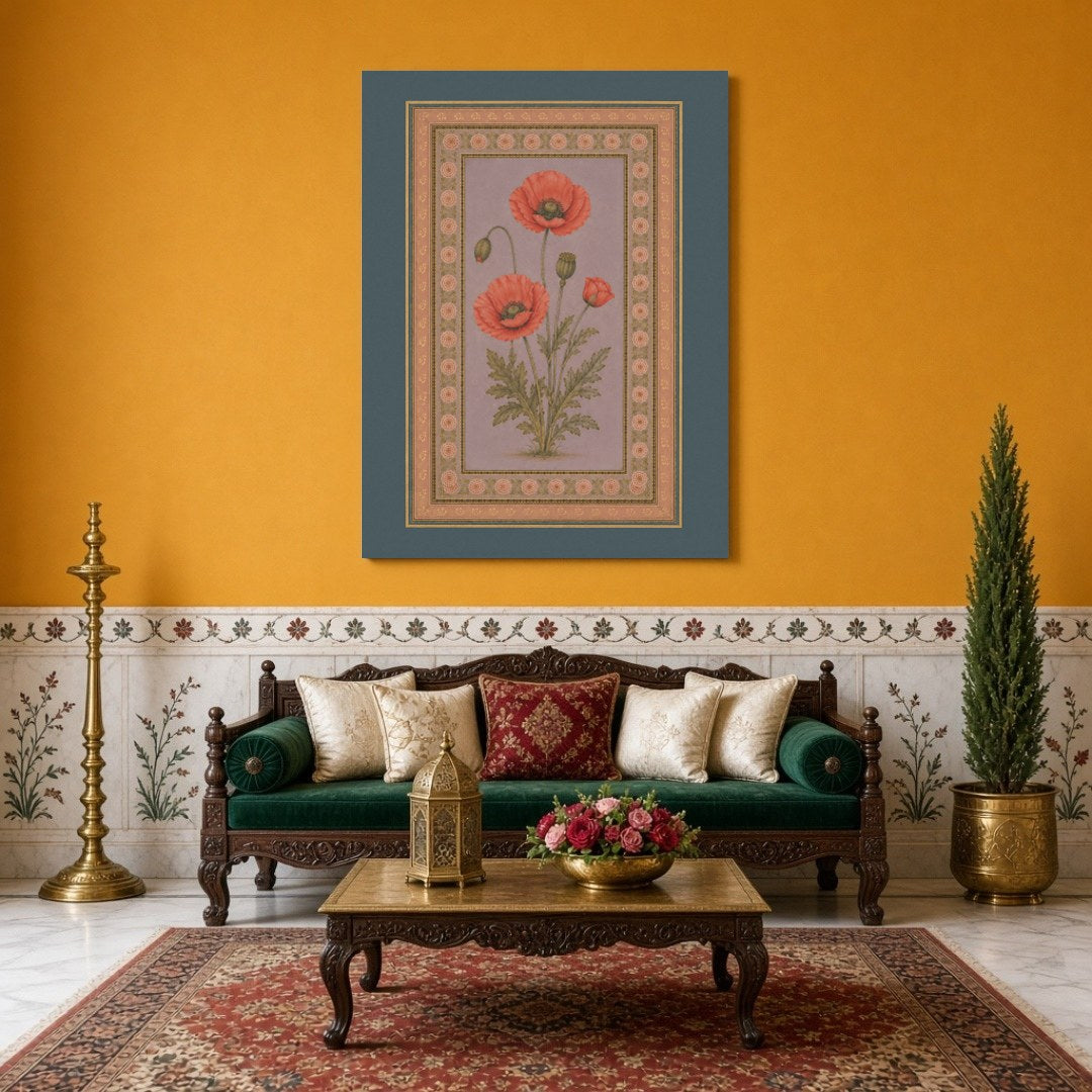 Experience the timeless beauty of Indo-Mughal art with this exquisite depiction of crimson poppies for Sitting Area