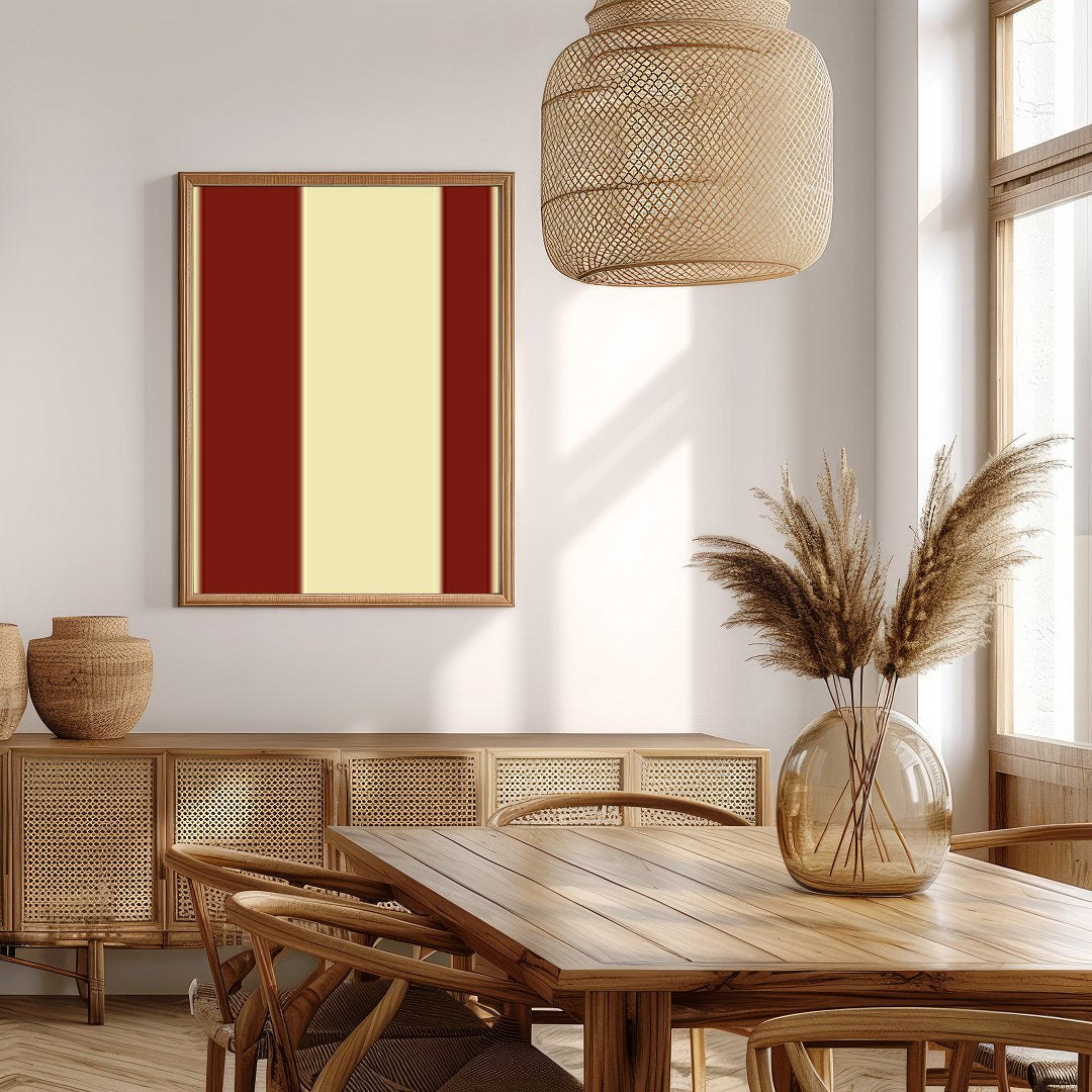 This striking piece of wall art features bold red circles set against a soft beige background, for Extra Kitchen