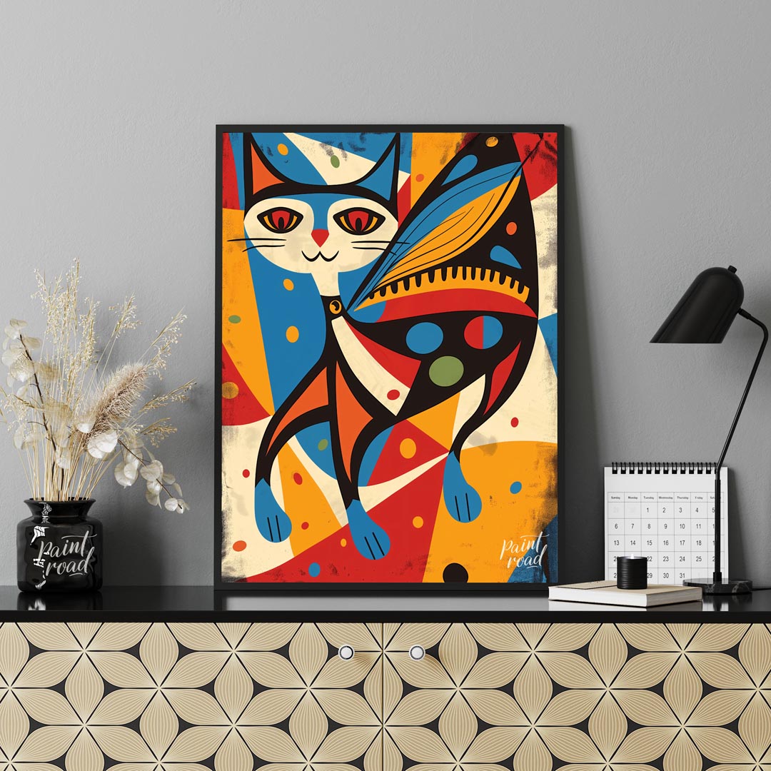 This vibrant and abstract digital illustration features a stylized cat integrated with butterfly wi… for office