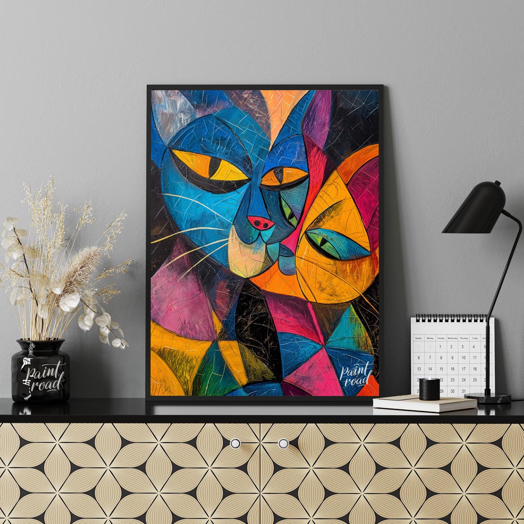 This striking and bold abstract painting features two stylized cats in a cubist-inspired manner, wi… for office