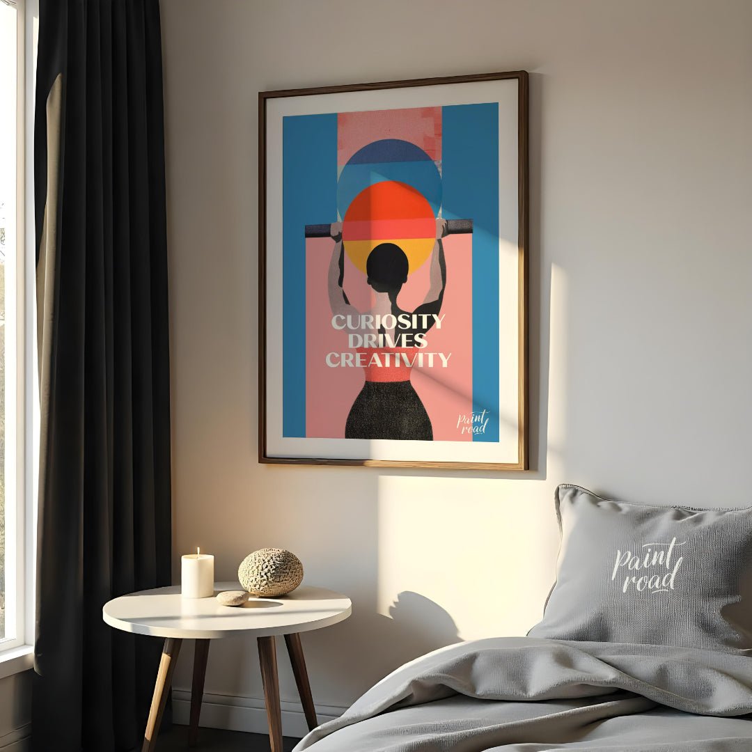 This modern graphic art poster features a striking and inspiring message: “CURIOSITY DRIVES CREATIV… for bedroom