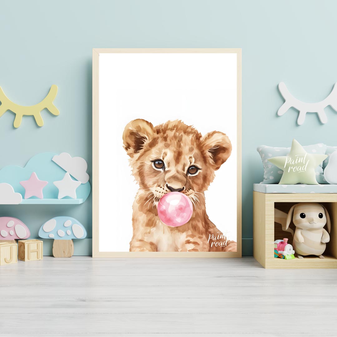 This charming watercolor illustration features a curious lion cub caught in a delightful moment, bl… for nursery