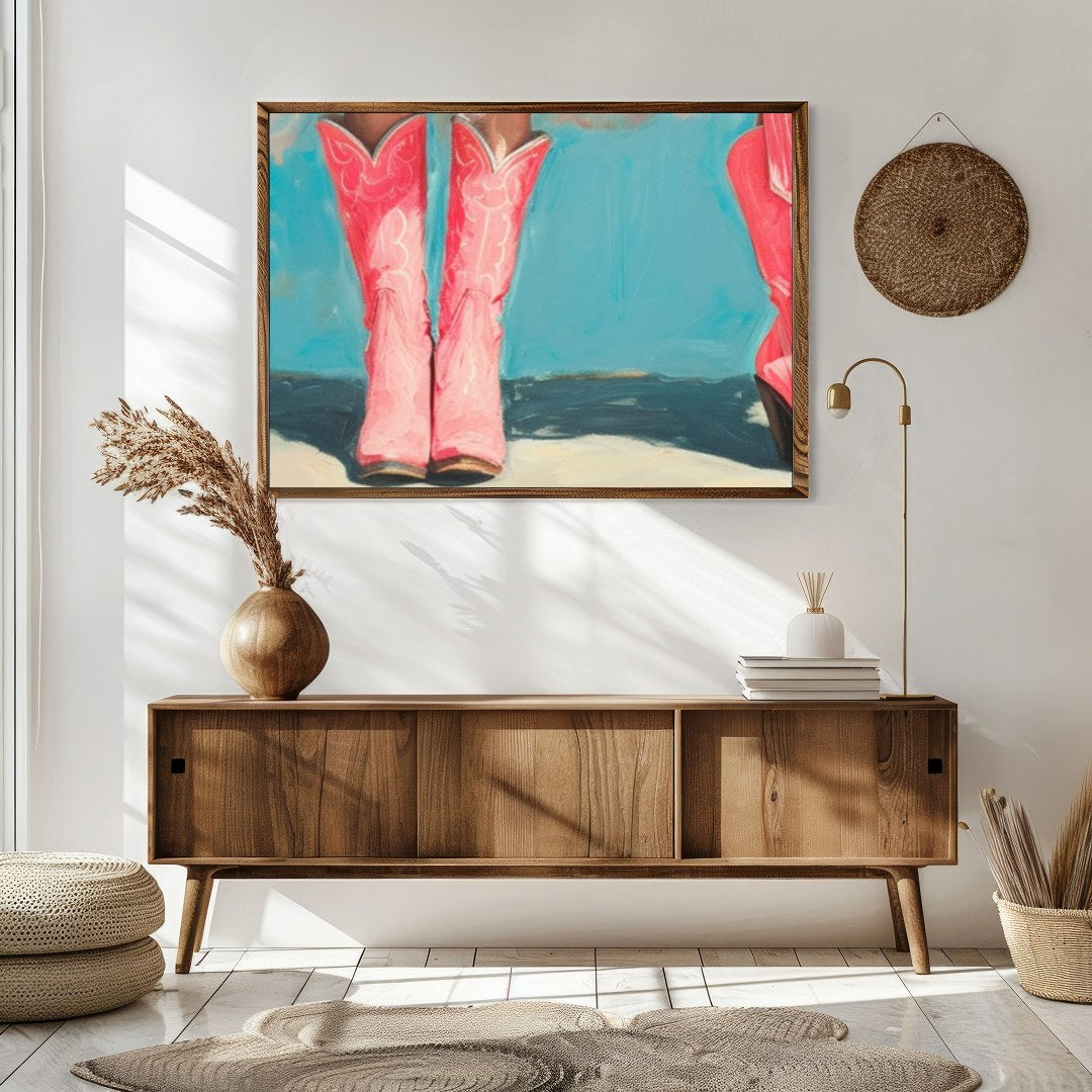 This whimsical artwork captures the playful elegance of tutu-clad figures standing in vibrant pink for Sitting Area