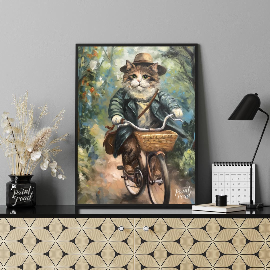 This charming oil painting features a portly, fluffy cat, adorned in a sophisticated brown hat and … for living room