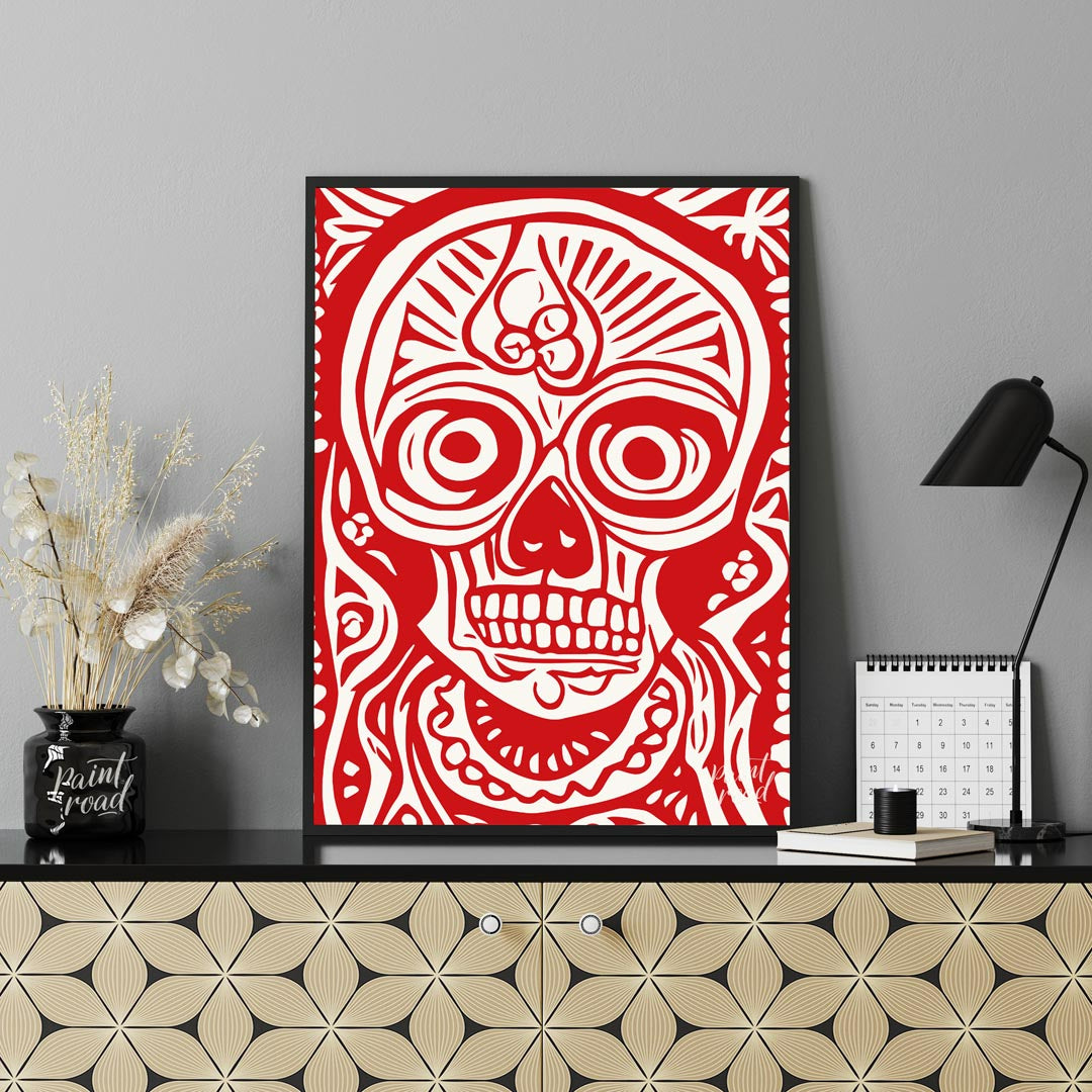 This striking art print features a bold and intricate depiction of a traditional Day of the Dead (D… for office