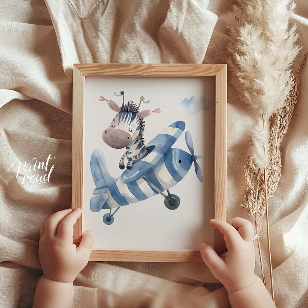 This enchanting poster features a gentle giraffe gliding across the sky on a whimsical scooter craf… for nursery
