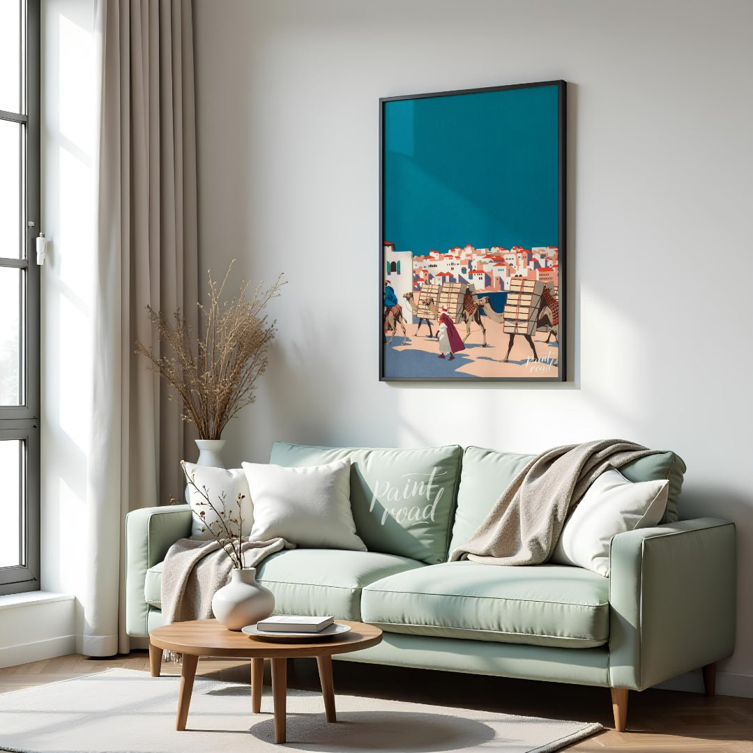Desert Caravan Cityscape Painting available online at Paintroad showing adventure Arab and blue
