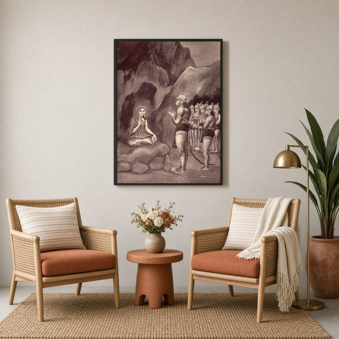This exquisite artwork captures a serene moment from the Ramayana, showcasing Lord Hanuman's for Sitting Lounge
