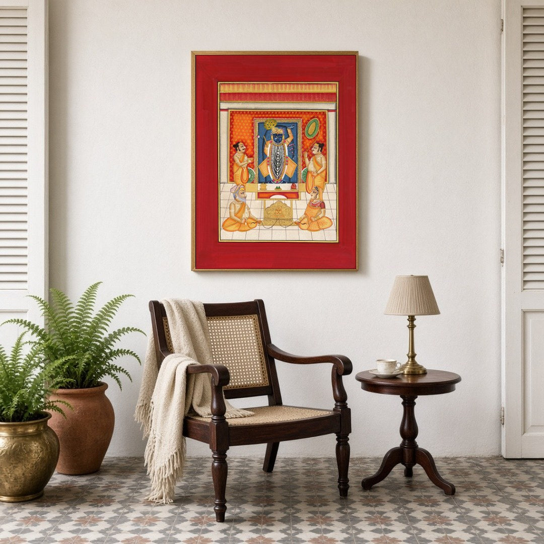 Immerse yourself in the spiritual glow of Krishna's divinity, beautifully captured in this vibrant for Sitting Lounge